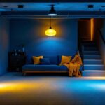 A photograph of a well-lit unfinished basement showcasing various lighting options