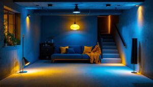 A photograph of a well-lit unfinished basement showcasing various lighting options