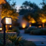 A photograph of a well-lit outdoor space featuring a stylish floodlight fixture in action