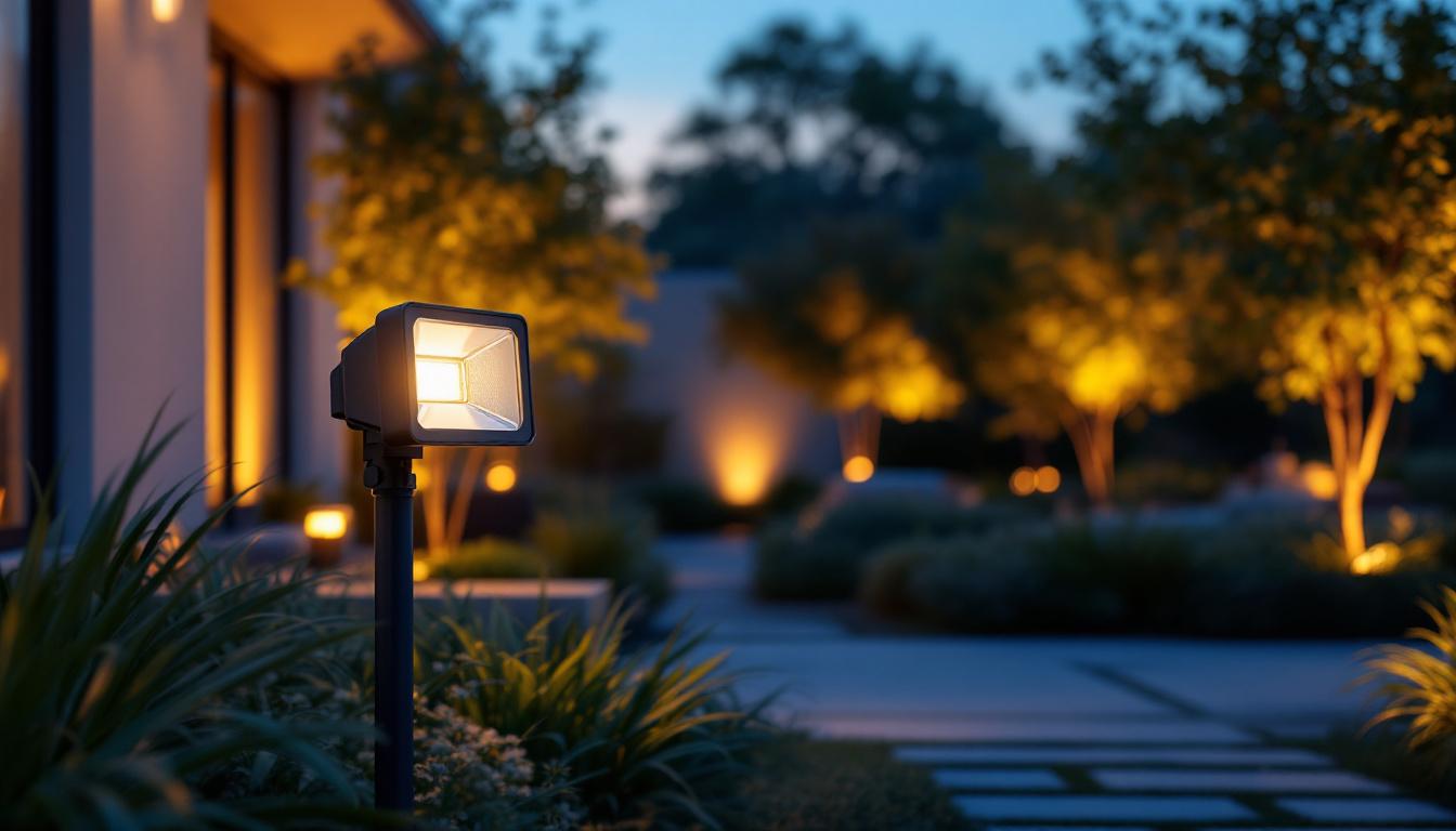 A photograph of a well-lit outdoor space featuring a stylish floodlight fixture in action