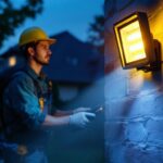 A photograph of a lighting contractor installing outdoor led flood lights with motion sensors in a residential or commercial setting