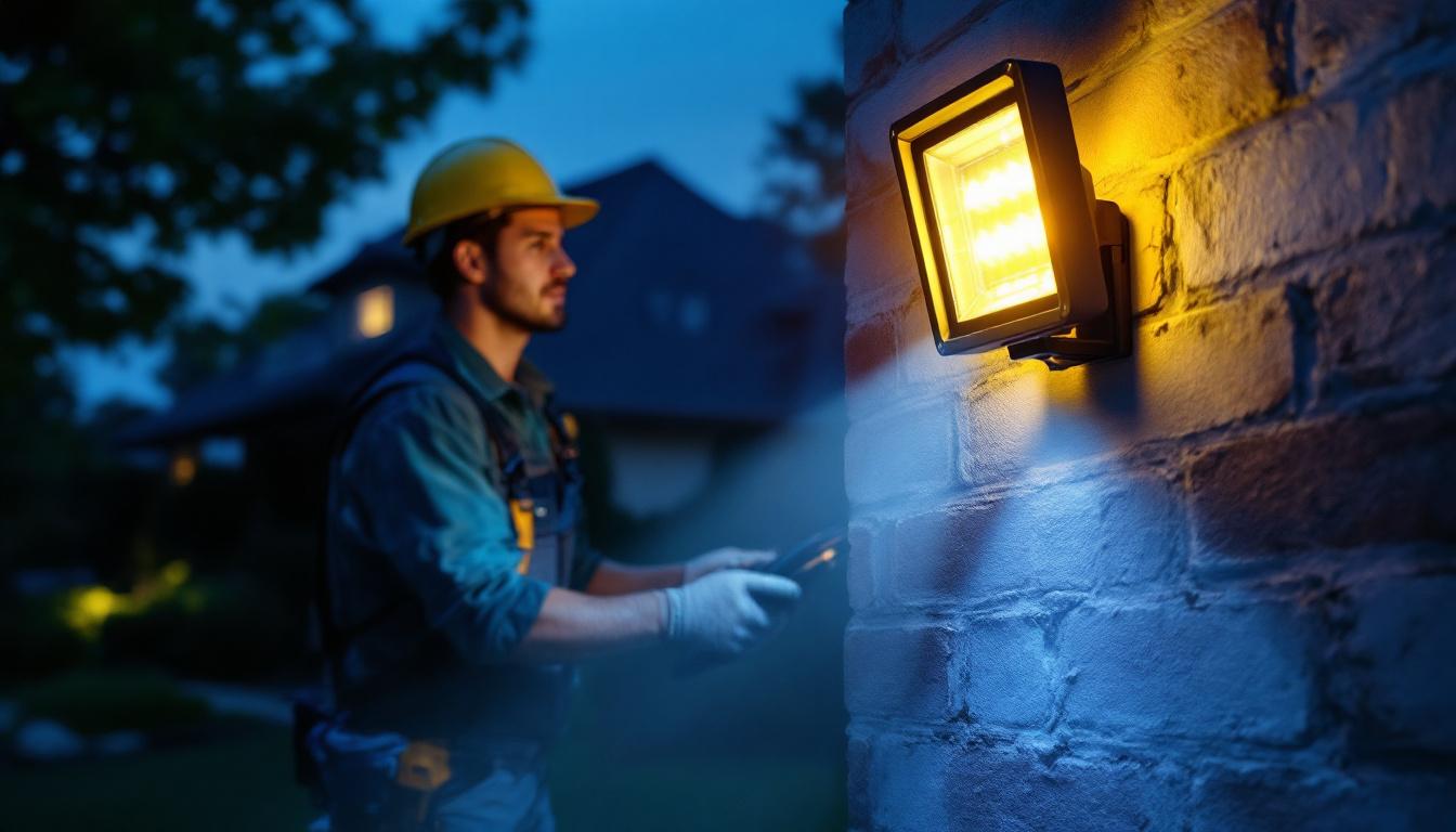 A photograph of a lighting contractor installing outdoor led flood lights with motion sensors in a residential or commercial setting