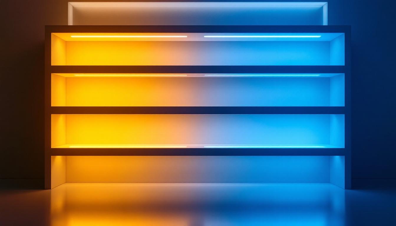 A photograph of a beautifully illuminated shelf featuring sleek lighting strips