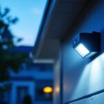 A photograph of a lighting contractor installing a motion sensor outdoor light on a residential property