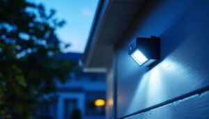 A photograph of a lighting contractor installing a motion sensor outdoor light on a residential property