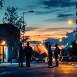 A photograph of a well-lit urban street scene at dusk