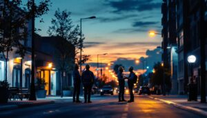 A photograph of a well-lit urban street scene at dusk