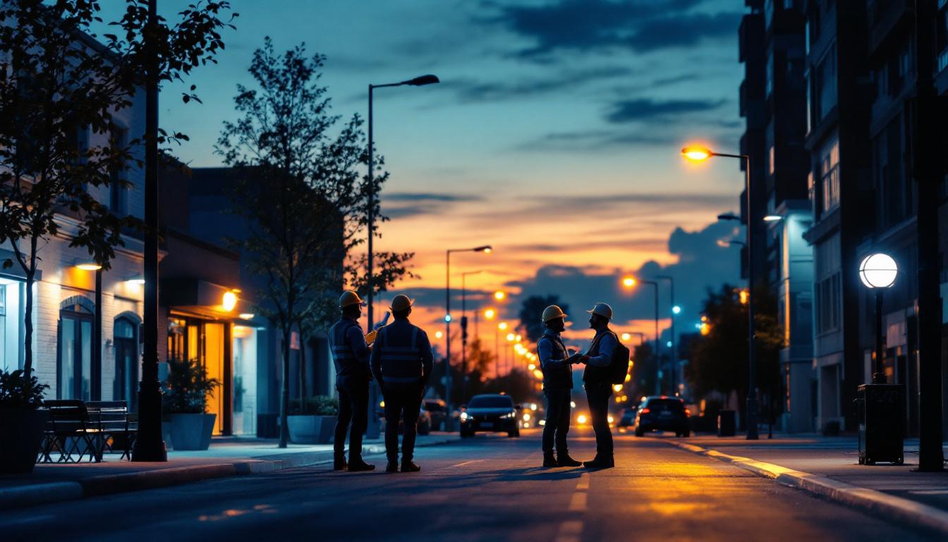 A photograph of a well-lit urban street scene at dusk