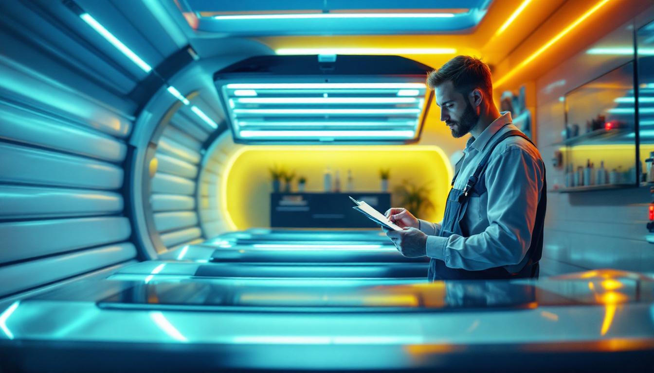 A photograph of a well-lit tanning salon interior featuring a sleek tanning bed