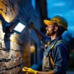 A photograph of a lighting contractor installing a motion sensor flood light on a residential property at dusk