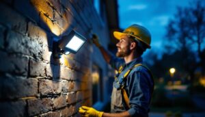 A photograph of a lighting contractor installing a motion sensor flood light on a residential property at dusk