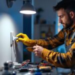 A photograph of a lighting contractor installing a switch sensor in a modern home setting