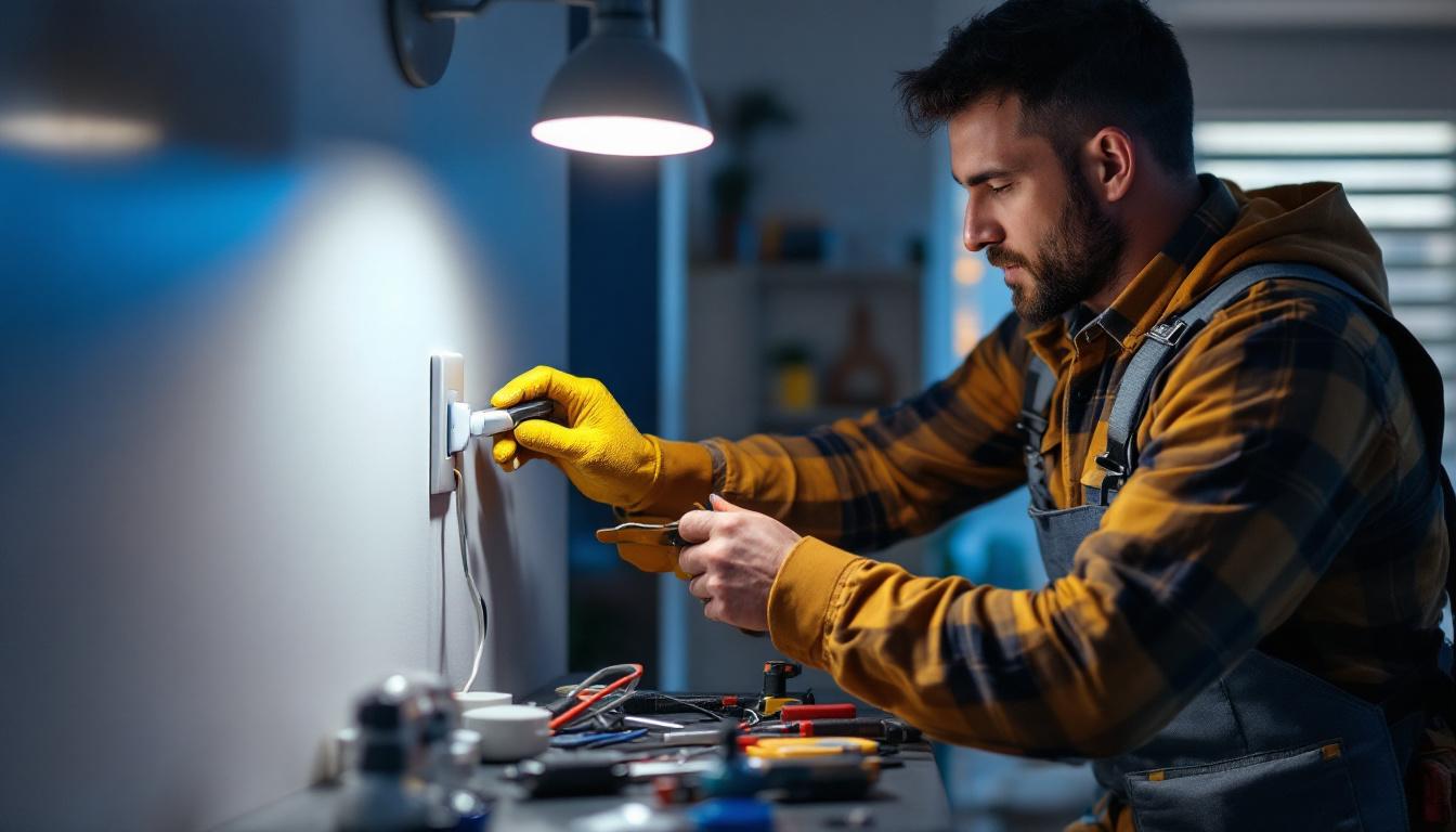 A photograph of a lighting contractor installing a switch sensor in a modern home setting
