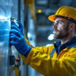 A photograph of a lighting contractor expertly installing or testing an emergency light in a commercial setting