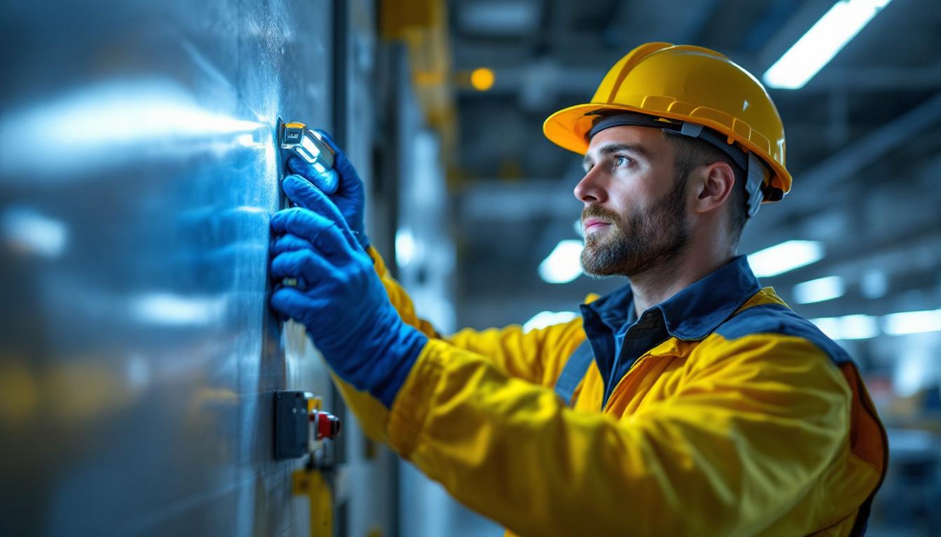 A photograph of a lighting contractor expertly installing or testing an emergency light in a commercial setting