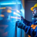 A photograph of a lighting contractor working on an installation