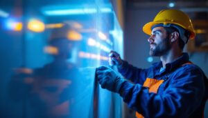 A photograph of a lighting contractor working on an installation