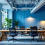 A photograph of a modern office space featuring a variety of stylish and functional lighting fixtures