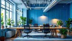 A photograph of a modern office space featuring a variety of stylish and functional lighting fixtures