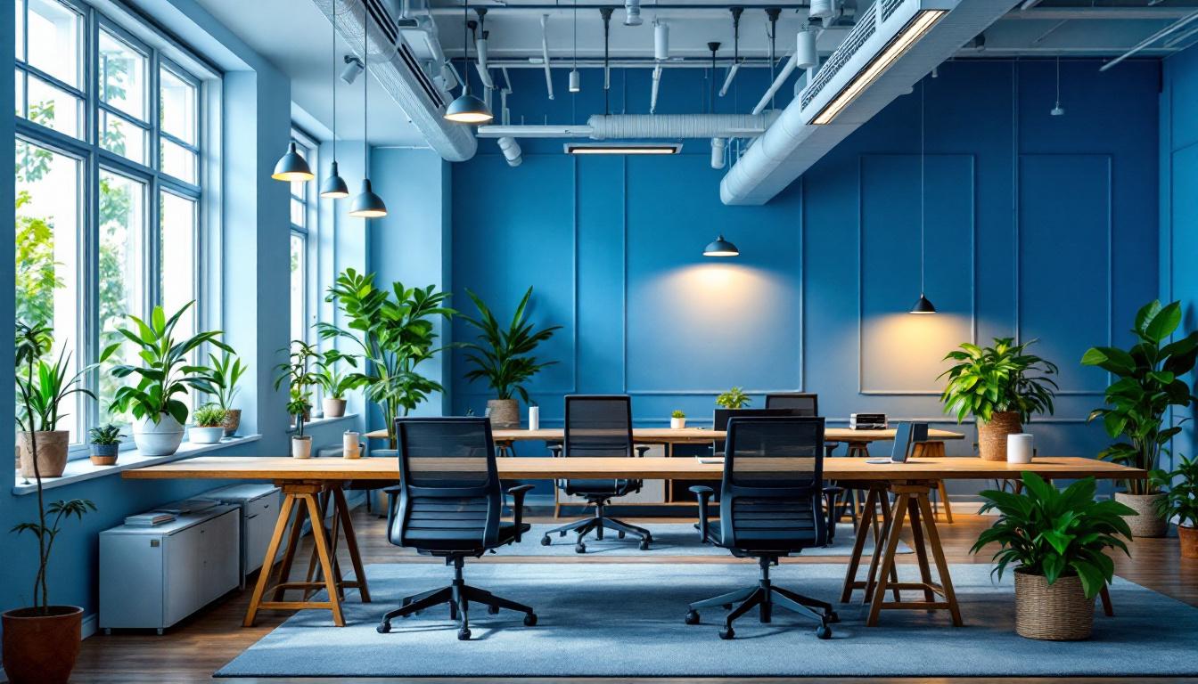 A photograph of a modern office space featuring a variety of stylish and functional lighting fixtures