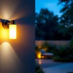 A photograph of a stylish wall-mounted outdoor light fixture illuminating a beautifully landscaped outdoor space during twilight