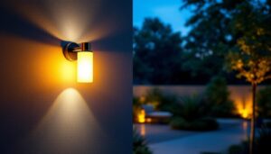 A photograph of a stylish wall-mounted outdoor light fixture illuminating a beautifully landscaped outdoor space during twilight