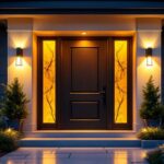 A photograph of a beautifully designed exterior door illuminated by stylish outdoor lamps