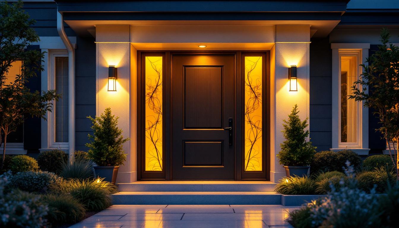A photograph of a beautifully designed exterior door illuminated by stylish outdoor lamps