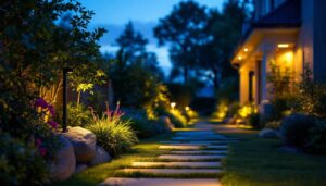 A photograph of a beautifully lit outdoor scene featuring an automatic light sensor in action