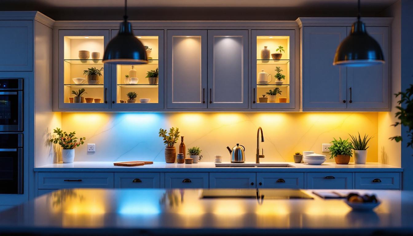 A photograph of a beautifully designed kitchen featuring various under cabinet lighting options