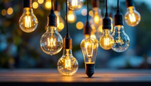 A photograph of a variety of outdoor light bulbs displayed in an aesthetically pleasing arrangement