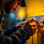 A photograph of a skilled lighting contractor expertly installing or adjusting various types of plugs and outlets in a beautifully lit room