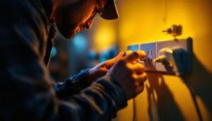 A photograph of a skilled lighting contractor expertly installing or adjusting various types of plugs and outlets in a beautifully lit room