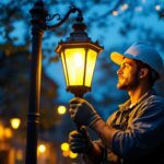 A photograph of a lighting contractor at work