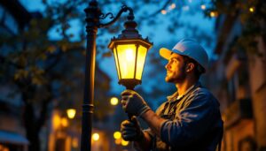 A photograph of a lighting contractor at work