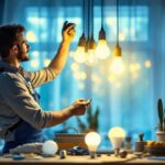 A photograph of a lighting contractor in action