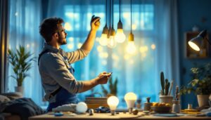A photograph of a lighting contractor in action