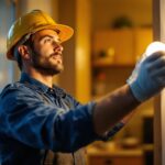 A photograph of a lighting contractor in action