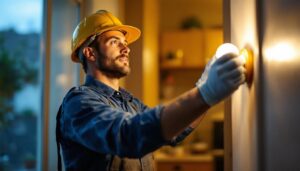 A photograph of a lighting contractor in action