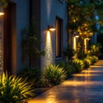 A photograph of a well-lit outdoor area featuring motion-detecting lights in action