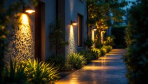 A photograph of a well-lit outdoor area featuring motion-detecting lights in action