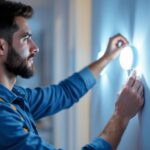 A photograph of a smart lighting contractor expertly installing or adjusting innovative lighting fixtures in a modern home setting
