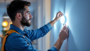 A photograph of a smart lighting contractor expertly installing or adjusting innovative lighting fixtures in a modern home setting