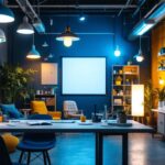 A photograph of a well-lit workspace featuring a diverse range of lighting fixtures and electrical supplies