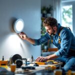 A photograph of a lighting contractor installing a 12v puck light in a modern home setting