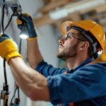 A photograph of a lighting contractor expertly installing a light bracket mount in a commercial space