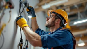 A photograph of a lighting contractor expertly installing a light bracket mount in a commercial space