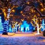 A photograph of a beautifully illuminated outdoor scene featuring innovative christmas light projections on buildings or trees