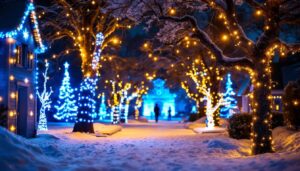 A photograph of a beautifully illuminated outdoor scene featuring innovative christmas light projections on buildings or trees