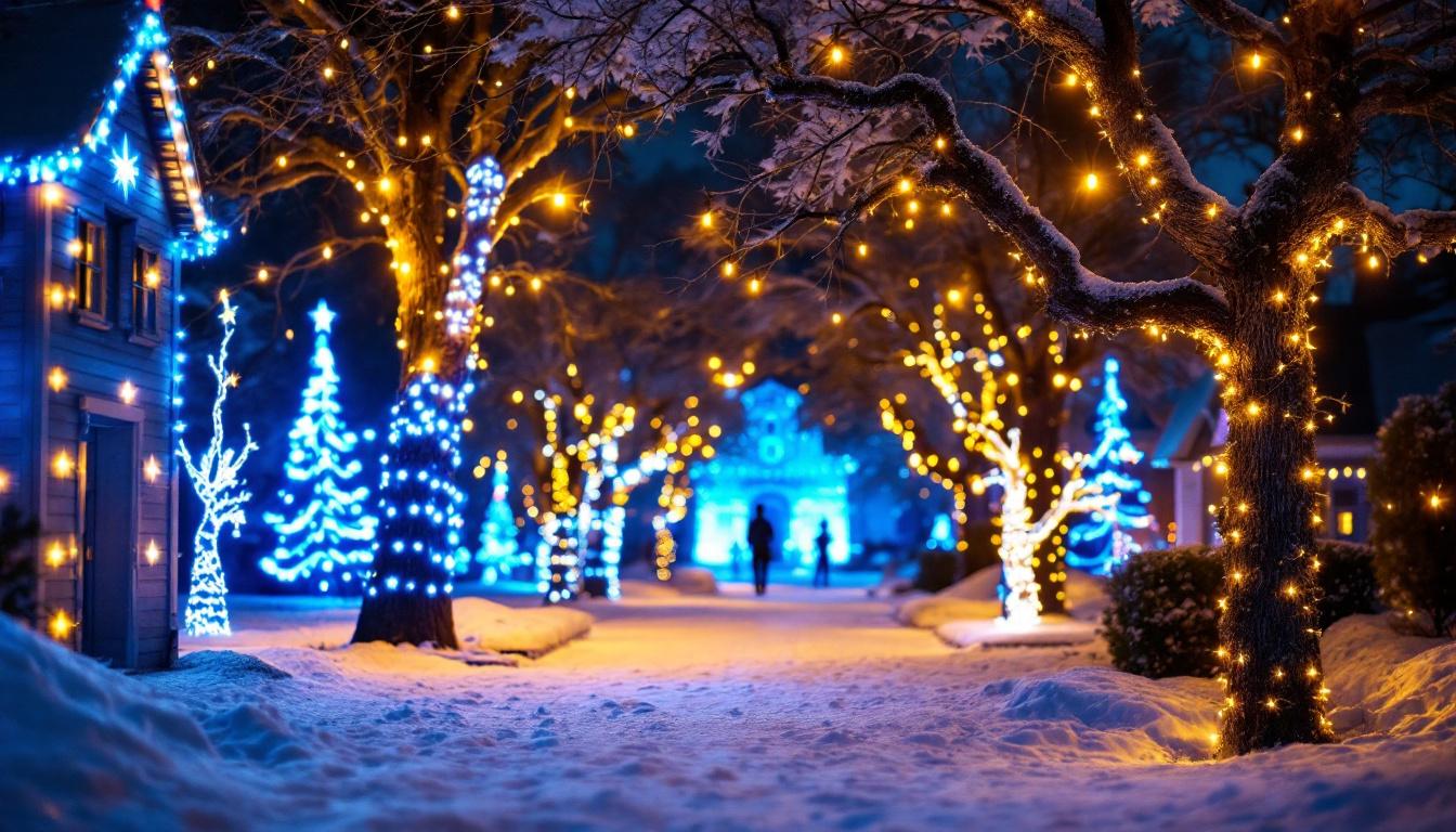 A photograph of a beautifully illuminated outdoor scene featuring innovative christmas light projections on buildings or trees